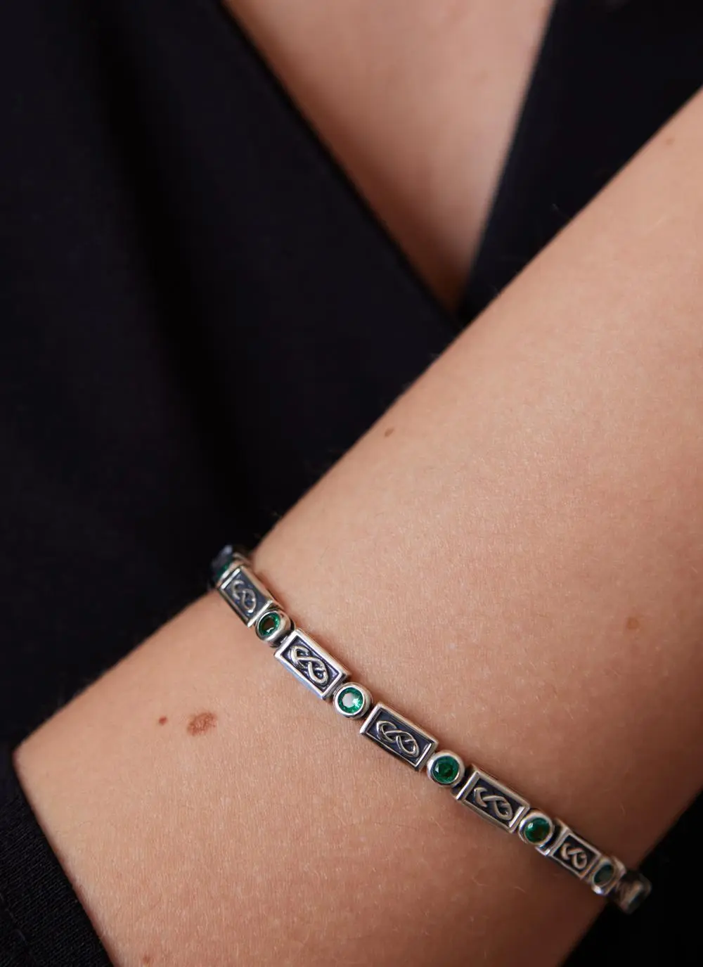 Sterling Silver Celtic Bracelet with Green Cubic Zirconia